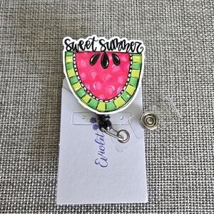 Watermelon Fruit Pink Polka Dot Retractable Work Name Badge ID Reel Holder